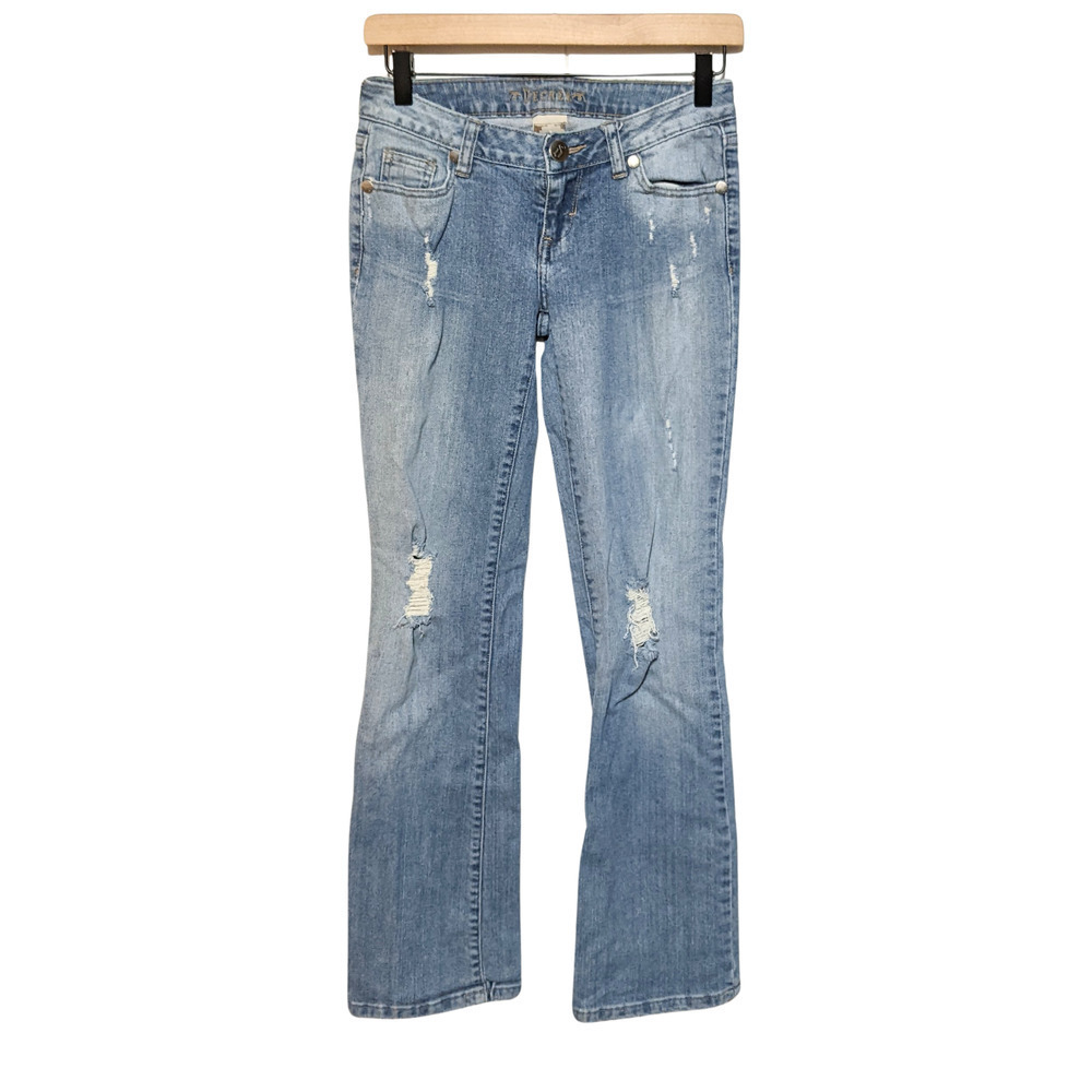 Decree Juniors Womens Low Rise Bootcut Jeans Size 1 Blue Distressed Boot Cut
